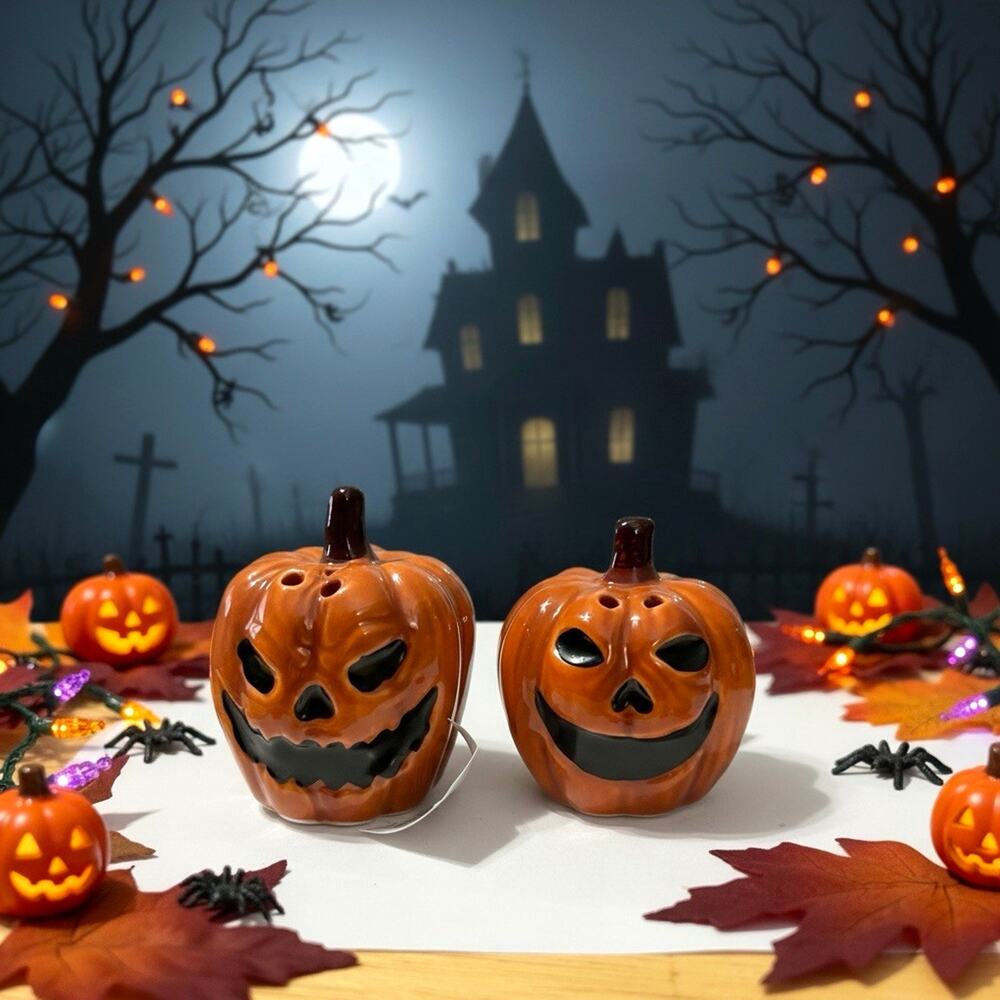 Ceramic Pumpkin Jack-O-Lantern Salt & Pepper Shakers Set 2-Piece Orange Black